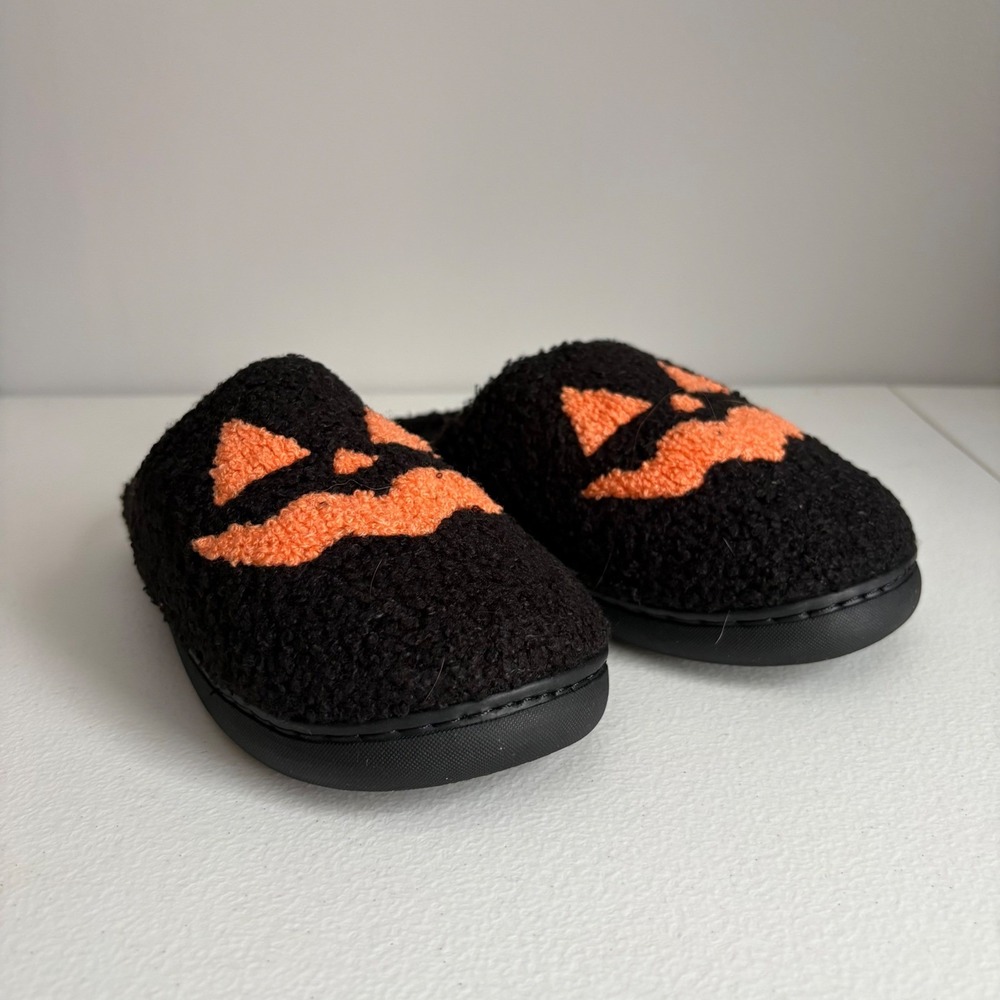 Halloween Jack O Lantern Pumpkin Slippers Black Orange Plush House Shoes‎ Womens